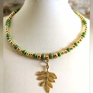 Pistachio Green & Gold Beads In  Gold Plated Choker Necklace In With Leaf Pend